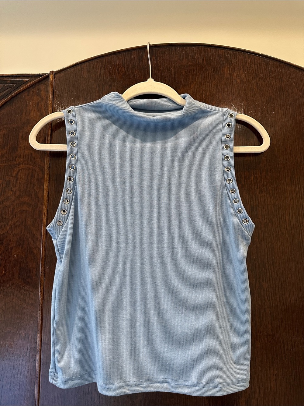 Sleeveless Light Blue Mock Neck Top with Eyelet Trim